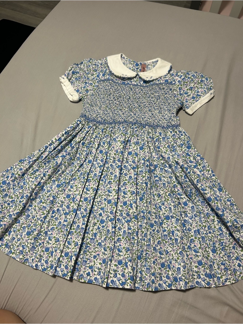 Blue Floral Smocked Peter Pan Collar Dress for Girls